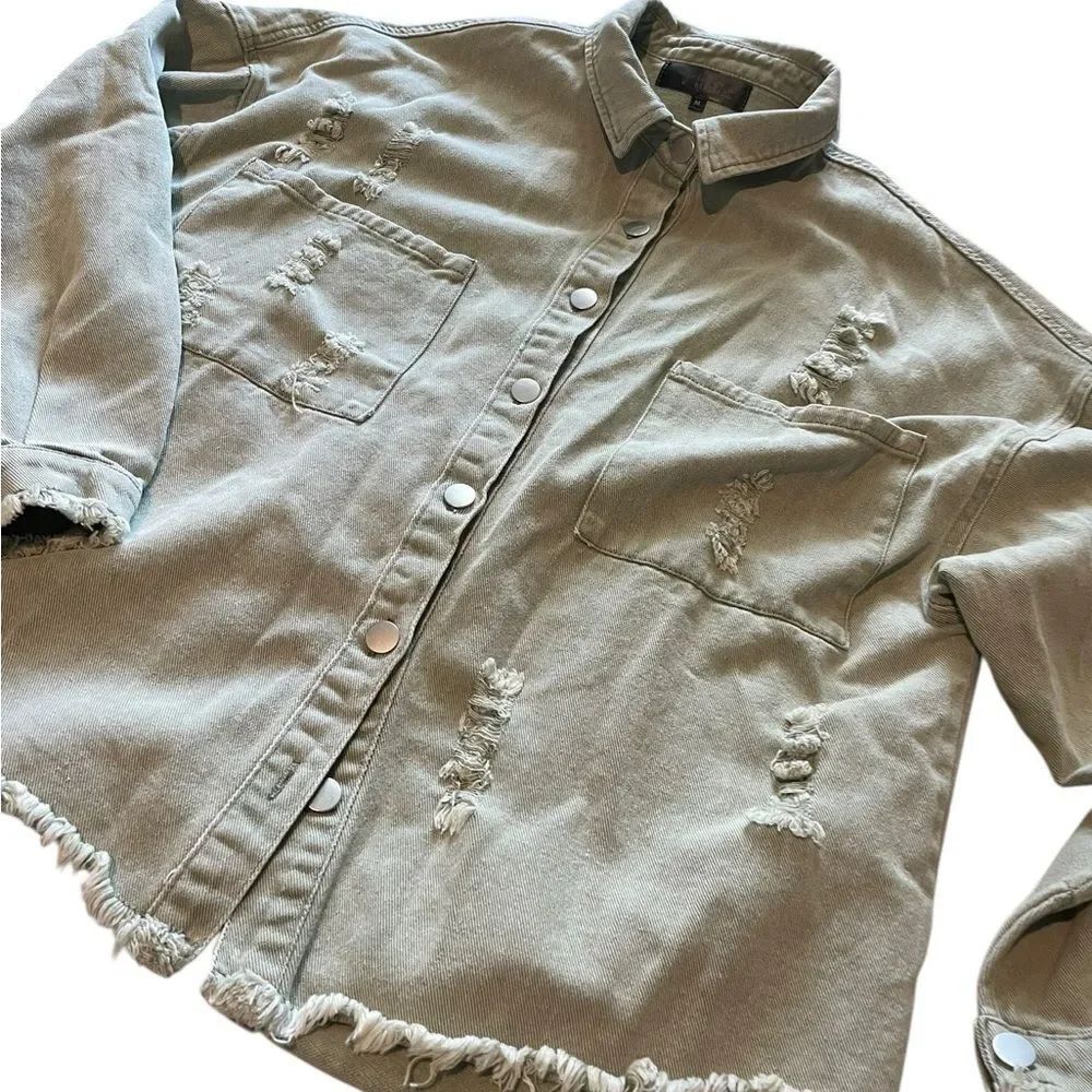 Lucky & Blessed size medium Distressed Olive Green Denim Shacket